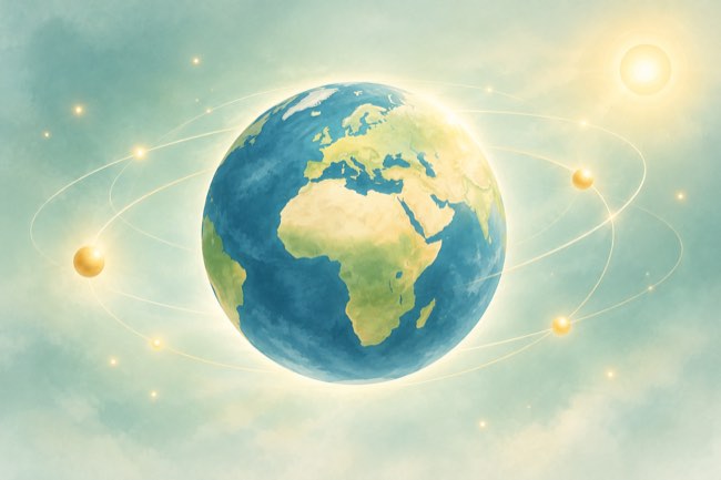 Earth floating in a pale mint virtual space with golden orbital arcs