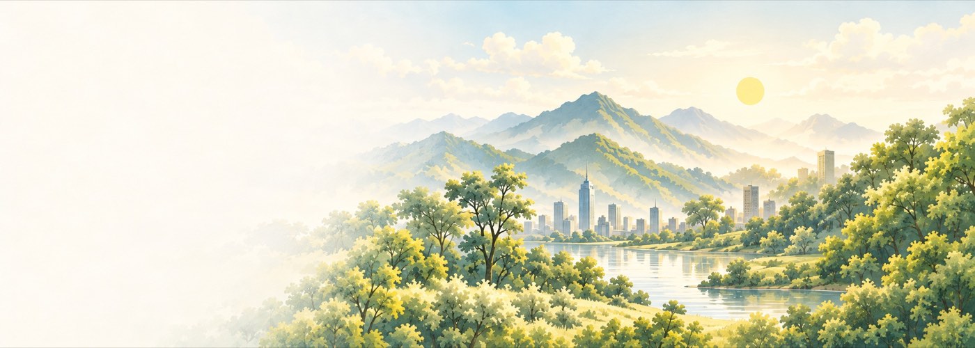 A sunlit watercolor lake with soft green hills and an imagined city